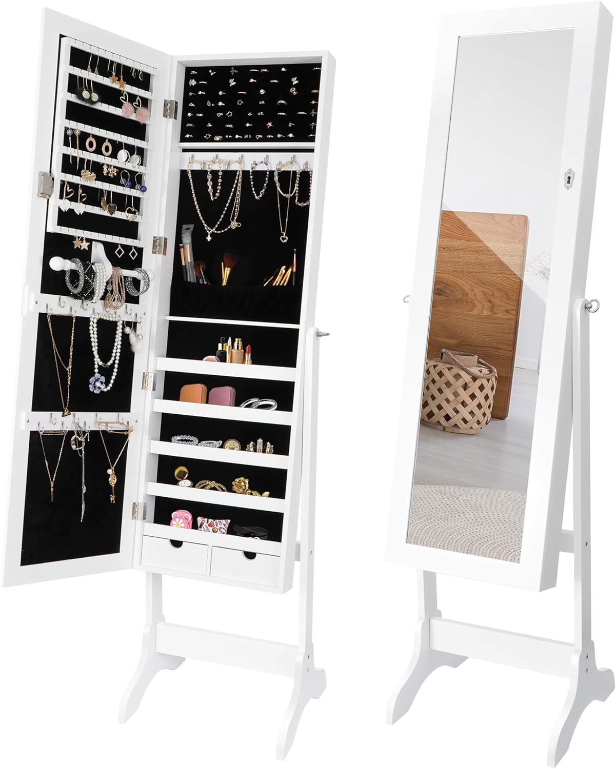 mirrored rotating shoe storage cabinet on Amazon Com Zenstyle Standing Lockable Jewelry Armoire Organizer Full Length Mirrored Dressing Jewelry Cabinet With 5 Shelves Large Storage Capacity 4 Angles Adjustable White Home Improvement