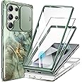 GVIEWIN for Samsung Galaxy S24 Ultra Case, [Slide Camera Cover & Built-in Screen Protector] [2 Front Frame] Military Grade Shockproof Marble Phone Case Cover 6.8" (Desert Dream/Green)