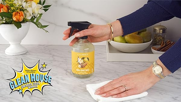 CALDREA MULTI-SURFACE COUNTERTOP SPRAY CLEANER, MADE WITH BIRCH BARK, CARDAMOM SEED ESSENTIAL OIL, VEGETABLE PROTEIN EXTRACT, VANILLA QUINCE SANTAL SCENT, 16 OZ