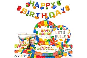 Building Block Party Decorations, 16 Guests Building Block Party Tableware Set Plates Napkins Cups Tablecloth Banner for Colo