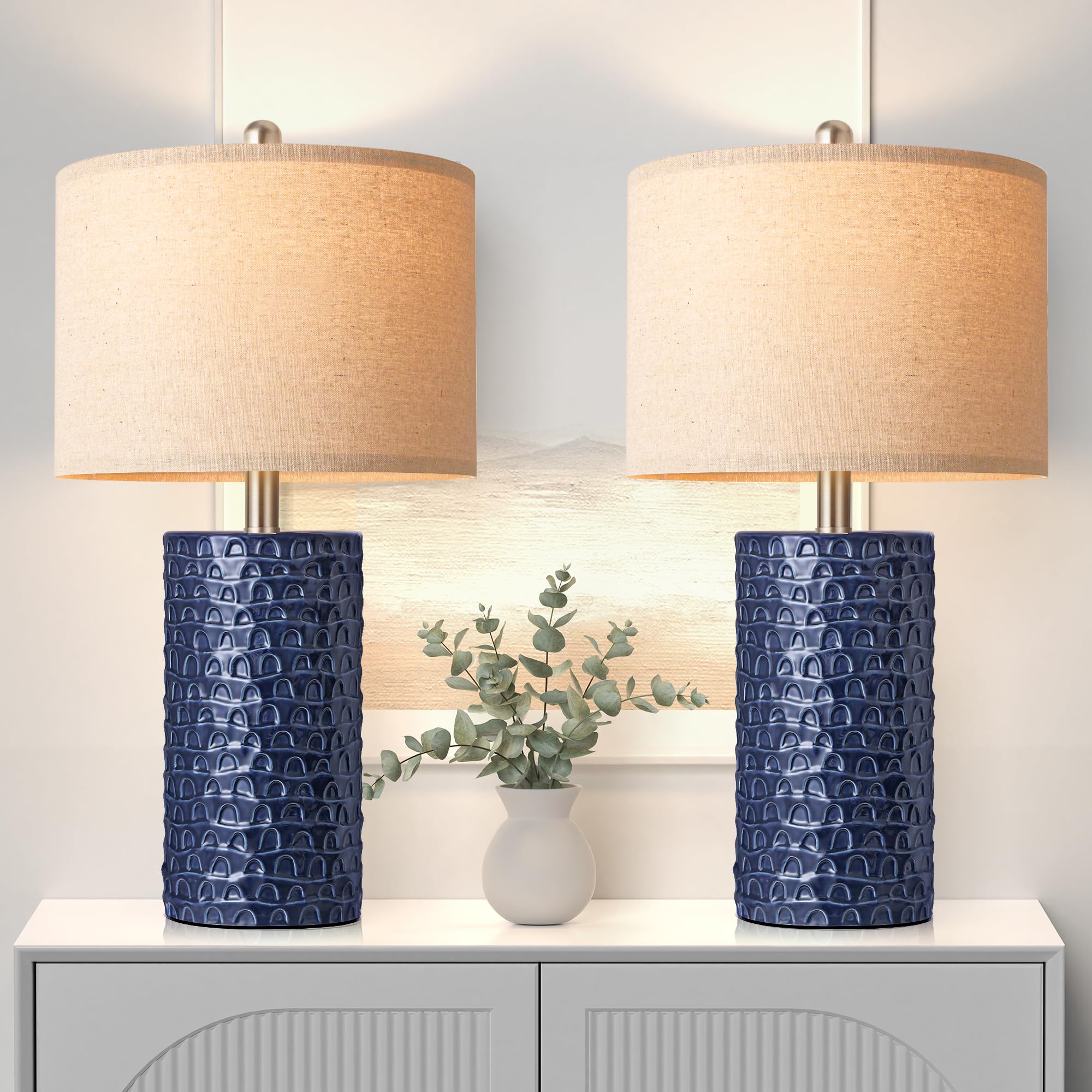 Photo 1 of (Partial Set, Only 1) PARTPHONER 23" Modern Ceramic Table Lamp Set of 1, Table Lamps for Living Room, Rustic Farmhouse Bedside Lamps Nightstand lamp for Bedroom, Desk Lamp for End Table Home Decor Navy Blue