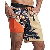 7 Inch Men Swim Trunks Palm Tree with Compression Breathable Liner Quick Dry Zipper Pockets for Board Beach Cruise