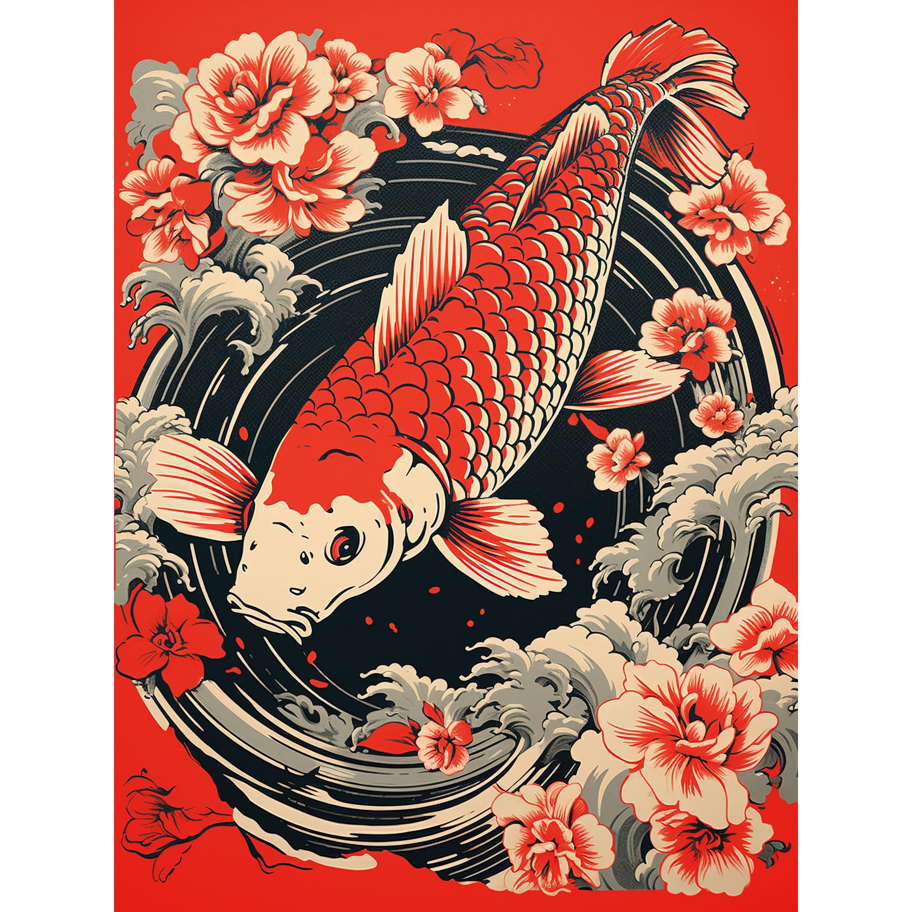 Artery8 Koi Fish Carp Japanese Whirlpool Red Black Floral Illustration Artwork Coy Extra Large XL Wall Art Poster Print