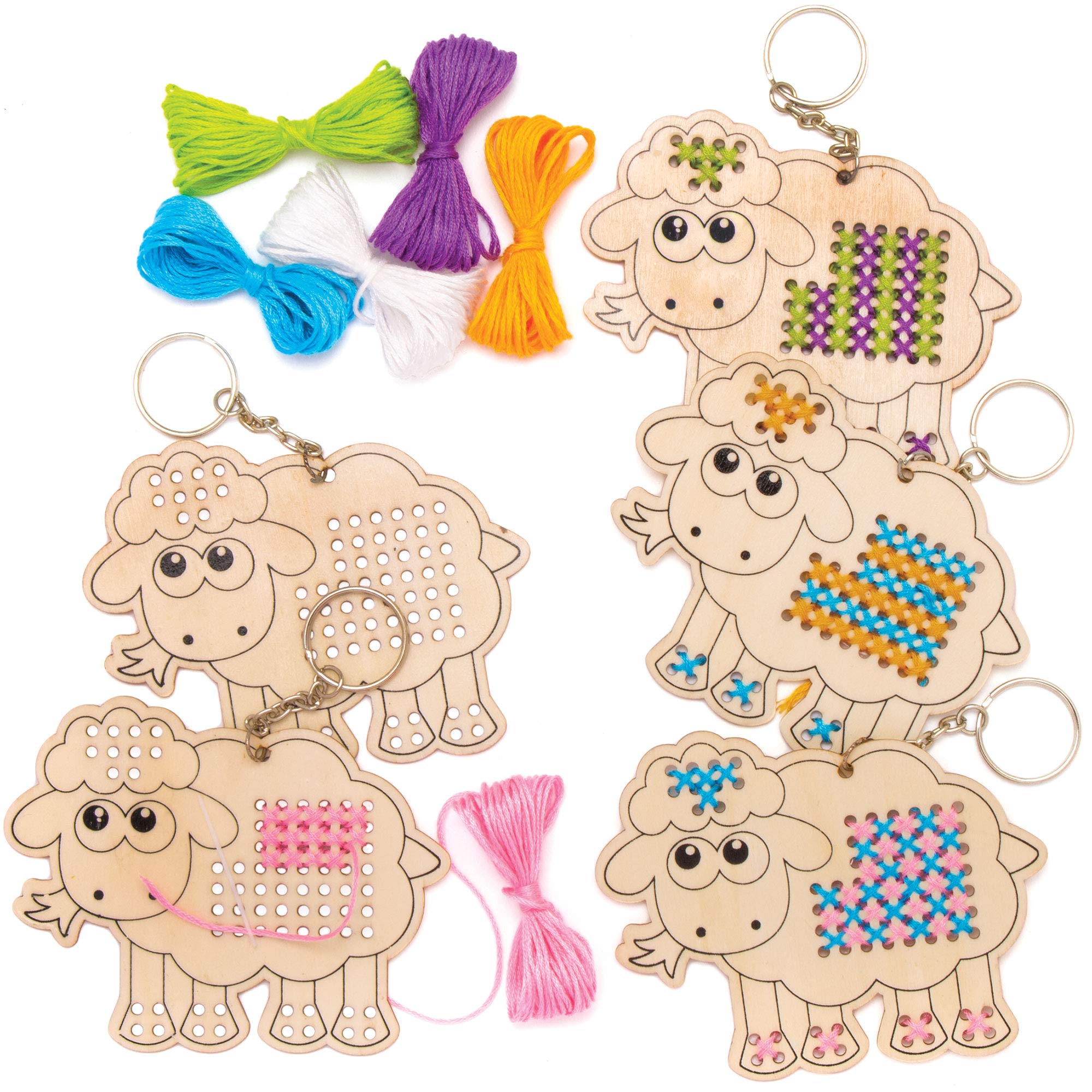 Baker Ross Fluffy Sheep Wooden Cross Stitch Keyrings - Pack of 5, Craft Kits for Kids (AT468) — image 1