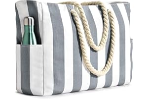 Becokan Beach Bags for Women, Pool Bag Waterproof Sandproof Beach Bag Large Beach Swim Bag with Zipper Stripe Beach Bag Tote