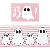 Drydiet 2 Pcs Halloween Bathroom Mat Decor, Cute Pink Ghost 20x47''16x24'' | Boo Kitchen Rug Set, Soft Tufted Door Mat, Non-slip Backing, Washable, Absorbent, Spooky Fall Party Decoration