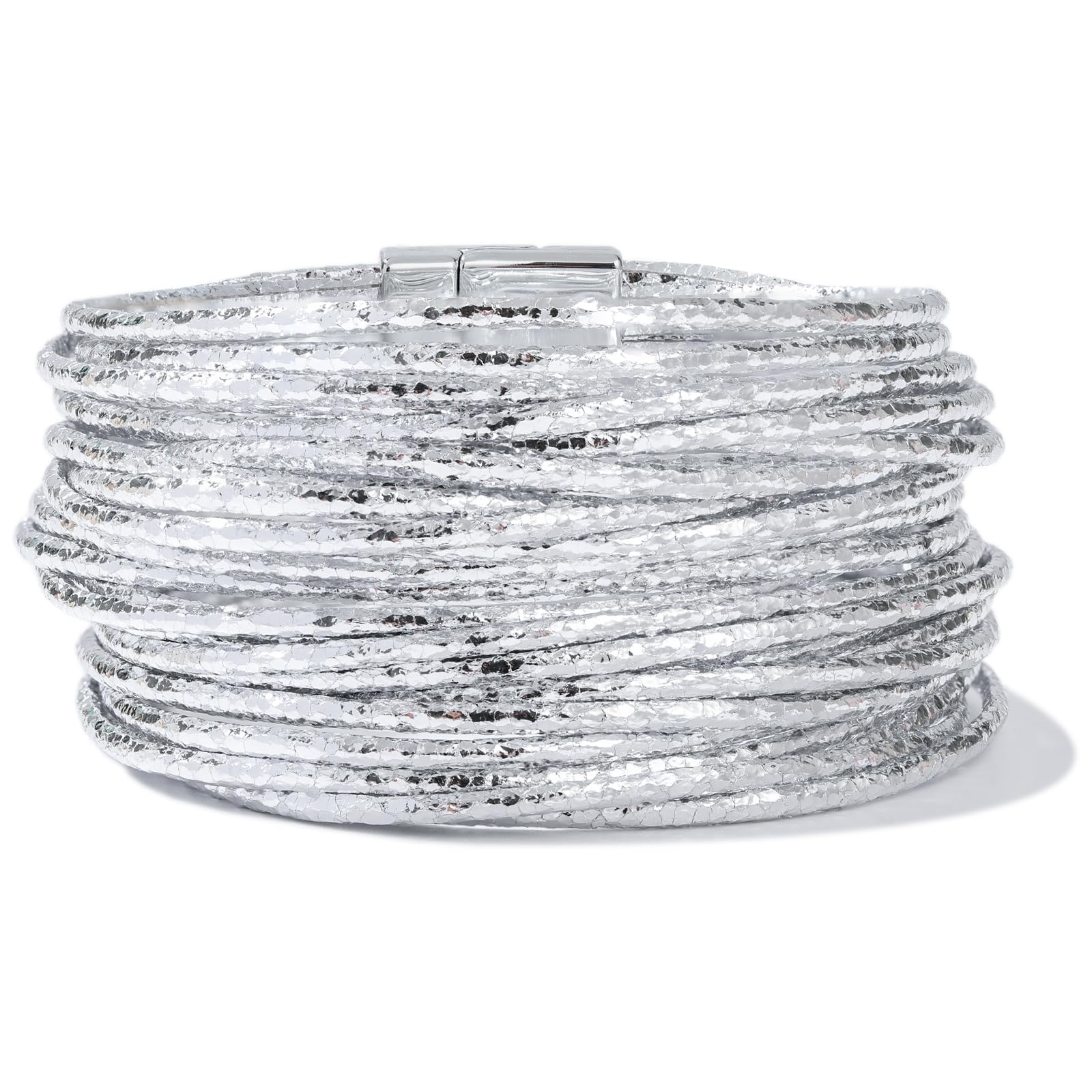 Photo 1 of FANCY SHINY Boho Leather Bangle Bracelets Stackable Layer Wrap Strand Bracelets with Magnetic Clasp Handmade Trendy Jewelry for Women(Metallic Gray)