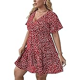 Floerns Women's Plus Size Wrap V Neck Short Sleeve Ruffle Hem A Line Short Dress