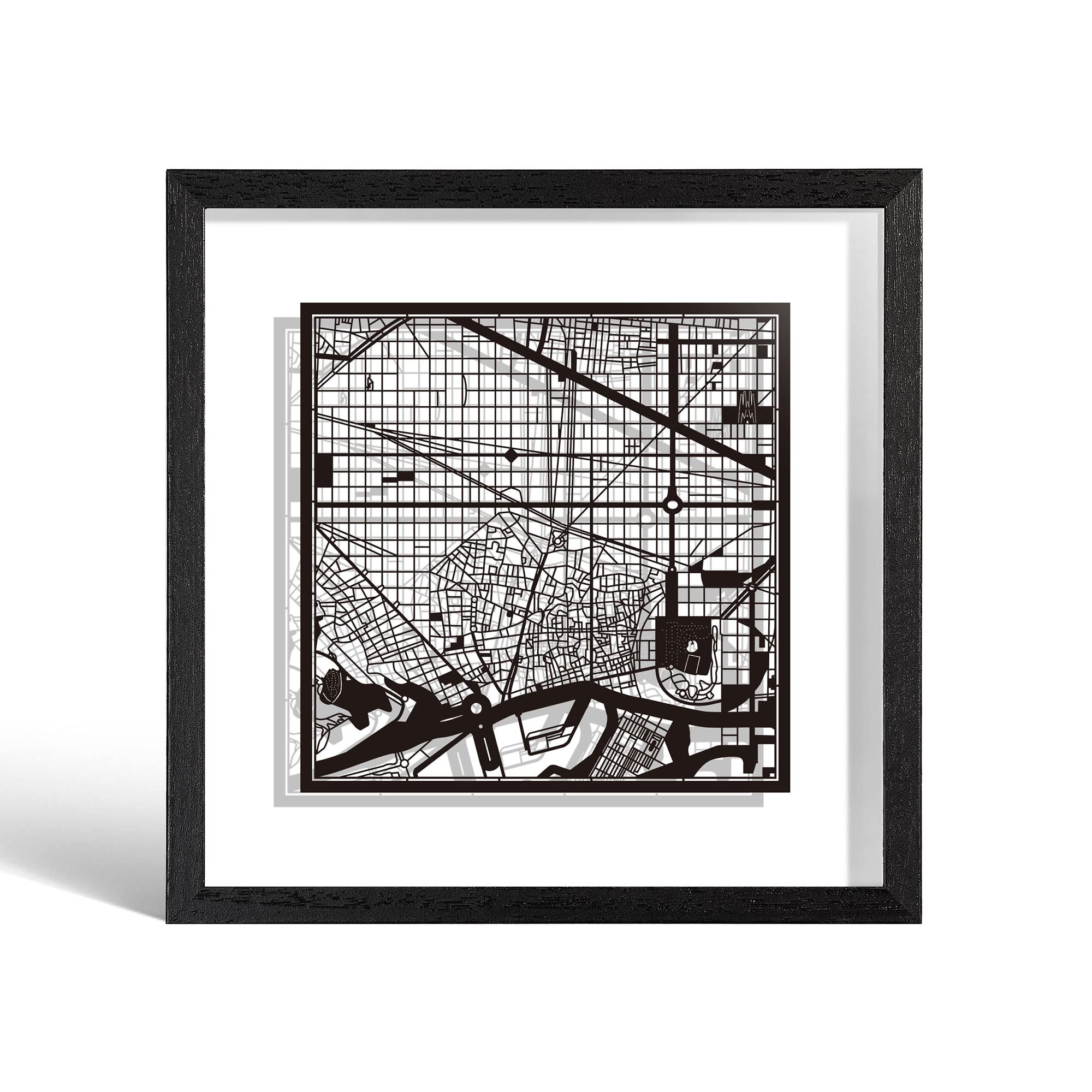 O3 DESIGN STUDIO Barcelona Marco de Papel para mapas, Black map, Black frame, 9x9 inches, Gift Boxed, 2 background color, self-changing, Paper Art