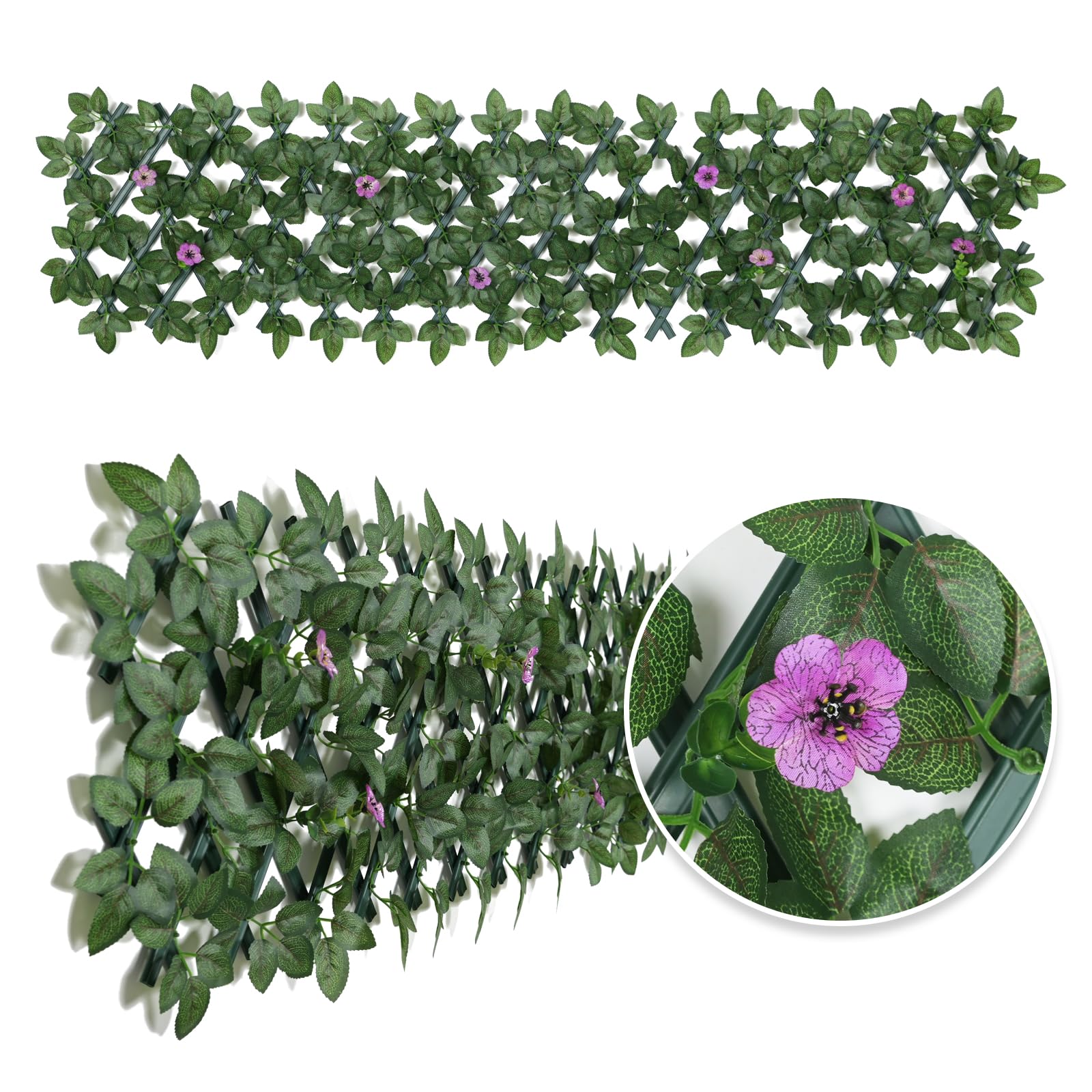 Expandable Garden Fence Screening Panels with Flower - Privacy Screen - Faux Ivy Greenery - Balcony - 200x30cm (Purple Flower)