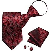 DiBanGu Silk Zipper Ties for Men,Paisley Solid Plaid Pre-tied Tie and Pocket Square Cufflinks Set Formal Adjustable Necktie