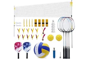 ZHUOKECE Outdoor Volleyball and Badminton Combo Set, Official Size 5 Volleyballs and Badminton Rackets Set of 5 for Outdoor Backyard Games