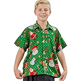 BRISIRA Boys Hawaiian Christmas Shirt Size10-15 Button Down Dress Short Sleeve Holiday Vacation Gifts for Kids Youth Teen