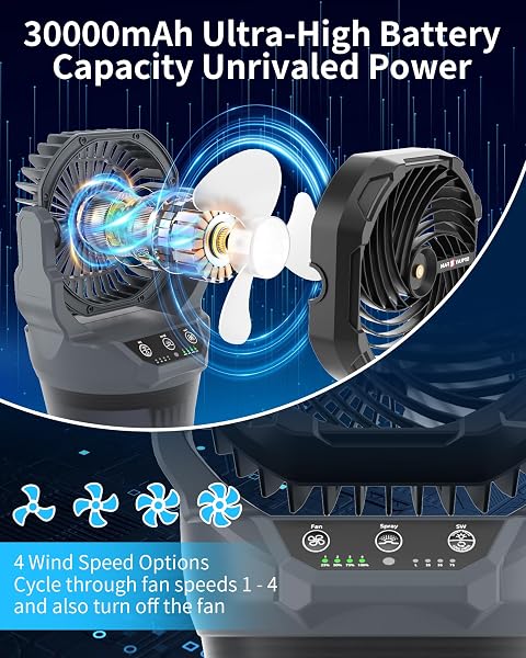 AVV PORTABLE MISTING FAN WITH RGB AMBIENT LIGHT- 2L WATER TANK, 4 SPEEDS & SPRAY MIST FAN, 30000MAH RECHARGEABLE MISTING FANS FOR OUTDOOR/INDOOR FANS FOR CAMPING, PATIO, GARDEN, GREY-BLACK