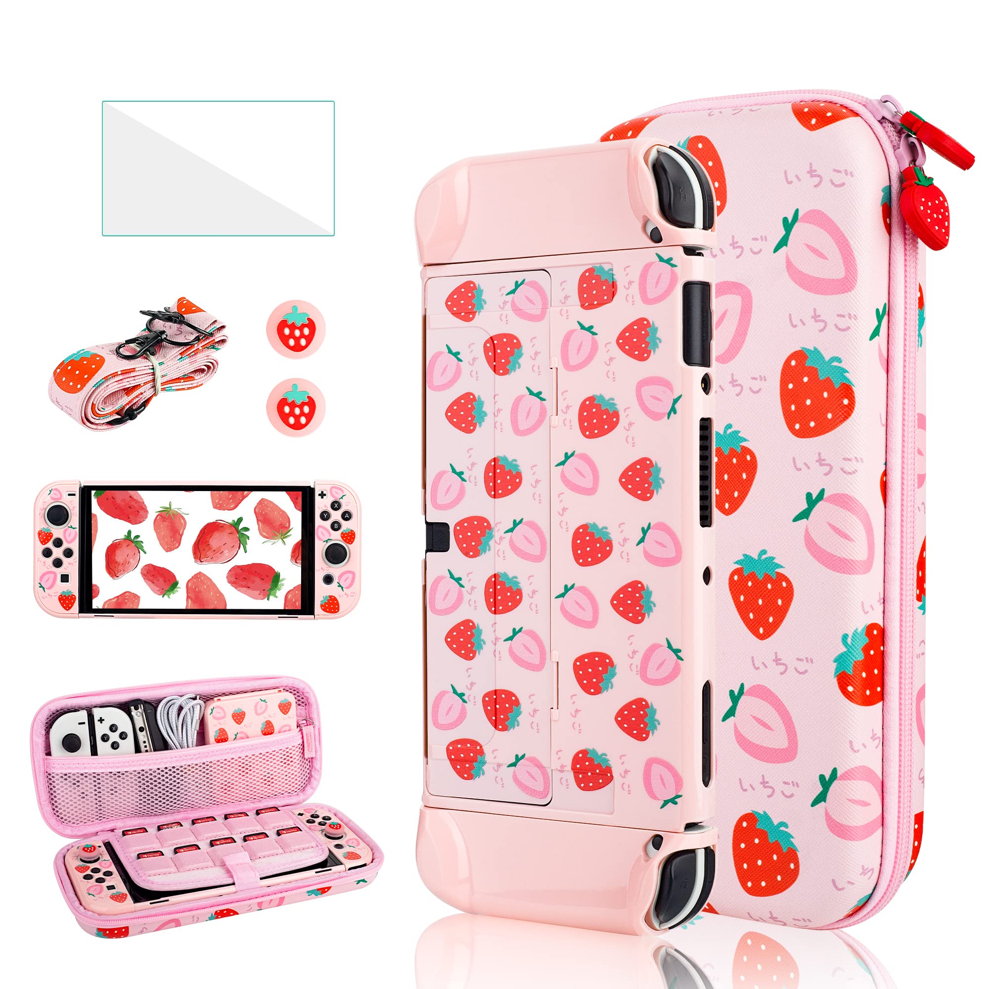 GLDRAM 6 in 1 Carrying Case Kit for Nintendo Switch OLED, Cute Travel Case with Hard Shell Skin Protective Cover, Glass Screen Protector, Thumb Grip Caps, Shoulder Strap for Girls - Pink Strawberry