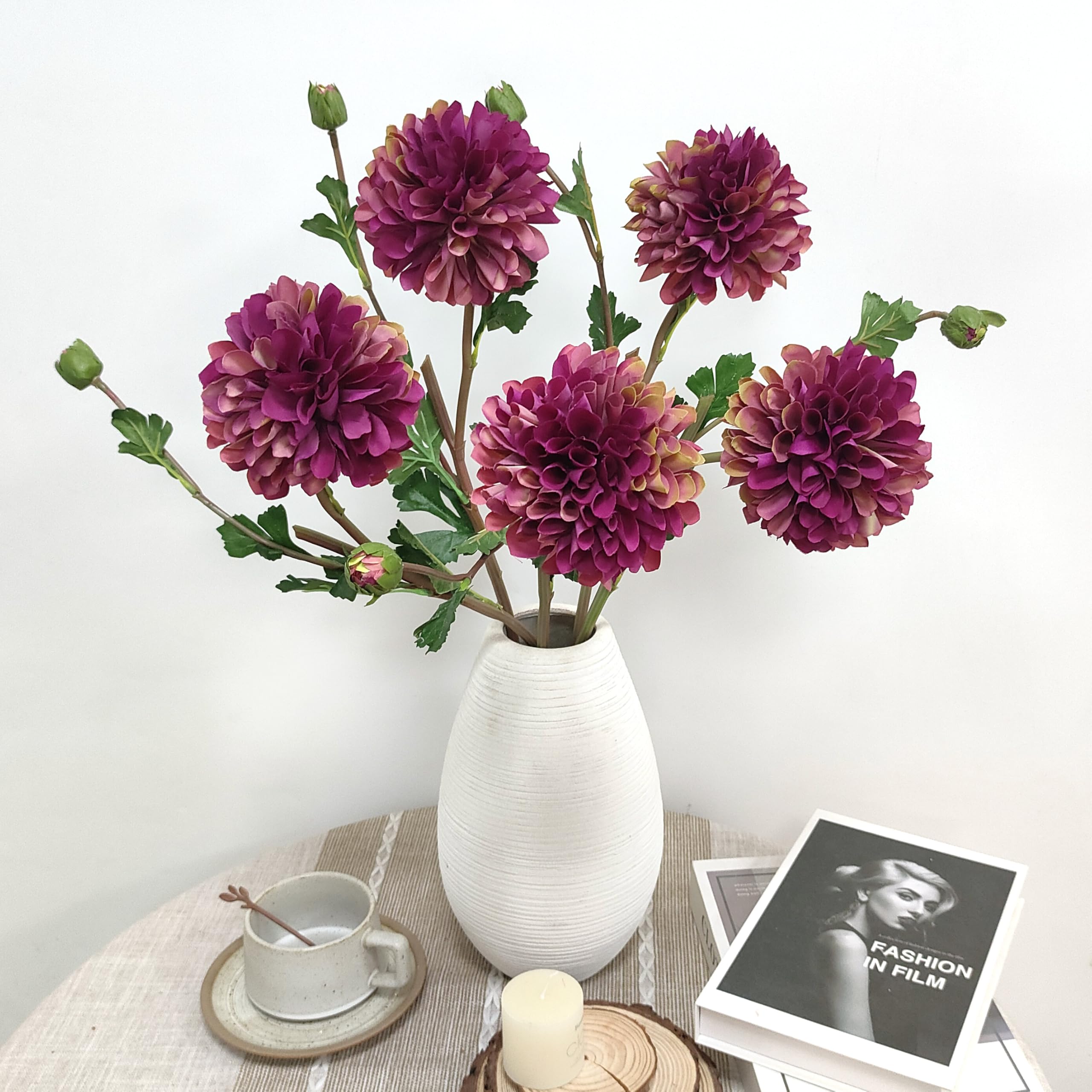 Photo 1 of ATFL Artificial Silk Flowers Dahlia 24'in Fake Long Stem Flower 5 Pcs,Suitable for Wedding Decoration Bouquets,Core Decorations,Home Furnishings (5, Purplish red)