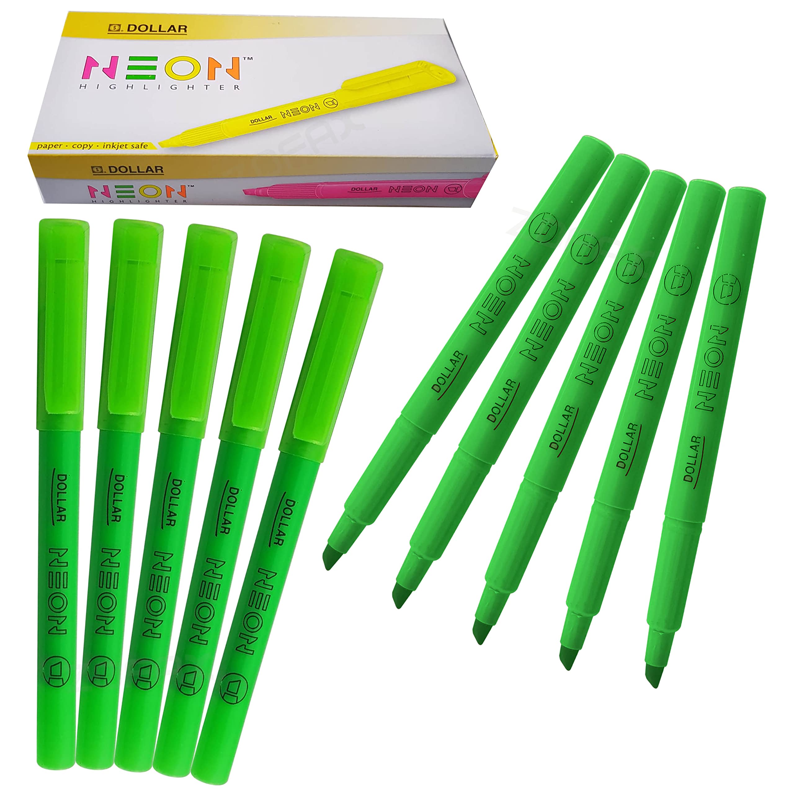 Pen-S Fluorescent Highlighter Pens, GREEN, Chisel Tip, 1-4mm Lines, Pack of 10, Multipack, Quick Dry, School Office Home Highlighters, iVAIDEX Black Ball Pen