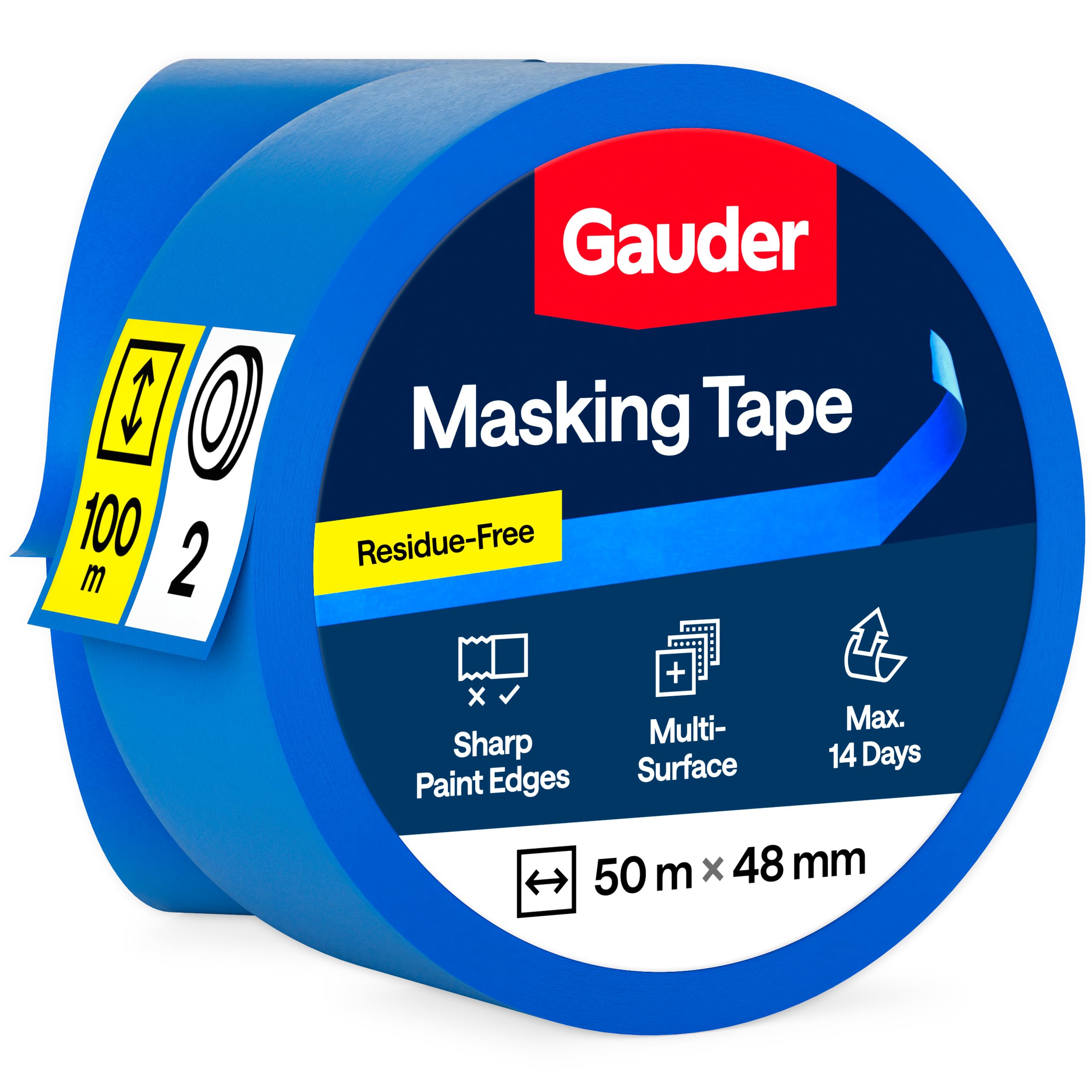 GAUDER Wide Masking Tape for Painting - Blue Painters Tape for Precise Edges - Paint Tapes for Painting - Decorators Tapes for Renovating, Automotive, Art and DIY Projects (2 Rolls - 48 mm x 50 m)