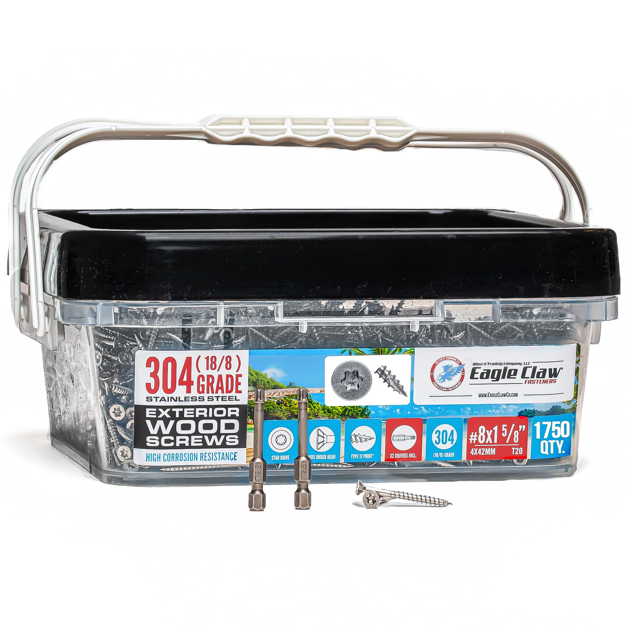 #8 x 1 5/8 Inch Stainless Steel Wood Screws | 304 Grade (1750 Pack) | Flat Head T20 Star Torx Drive | Stainless Wood Screws by Eagle Claw Fasteners | Corrosion & Rust Resistant (Includes 2 Driver Bit)