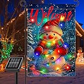Gosuoa Led Lighted Christmas Garden Flag, 12x18 in Double Sided Outdoor Lighted Snowman Yard Flag, Solar Snowman Christmas Decorations for Patio Lawn, Home Porch