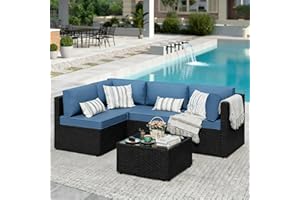 JAMFLY 5 Piece Outdoor Patio Furniture Set, PE Rattan Conversation Sofa Set with Thick Cushions & Glass Top Coffee Table, All-Weather Outside Furniture for Garden, Porch, Aegean Blue