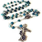 elegantmedical Handmade Blue apatite beads Catholic Rosary Crucifix Cross Necklace Gift box