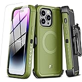 M MYBAT PRO Maverick Series iPhone 14 Pro Max Case with Belt Clip Holster,w/Screen Protector,Anti-Drop,Shockproof,with 360°Rotating Kickstand,Heavy Duty Protection Army Green
