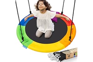 SereneLife 40" Saucer Swing - Outdoor Swing Set with Universal Hanging Kit, Swinging Seat Spinner with Pillow & Carry Bag, Weatherproof, Water-Resistant, Supports Up to 700 lbs, Rainbow