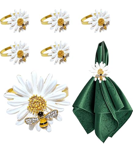 Set Of 8 Daisy Flower With Bee Napkin Rings - Alloy Napkin Holders For Wedding, Party, Or Home Dining