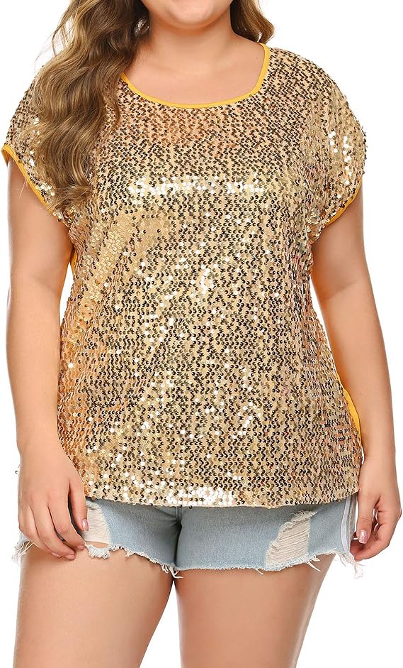 IN'VOLAND Women's Sequin Tops Plus Size Round Neck Sparkle Top Shimmer