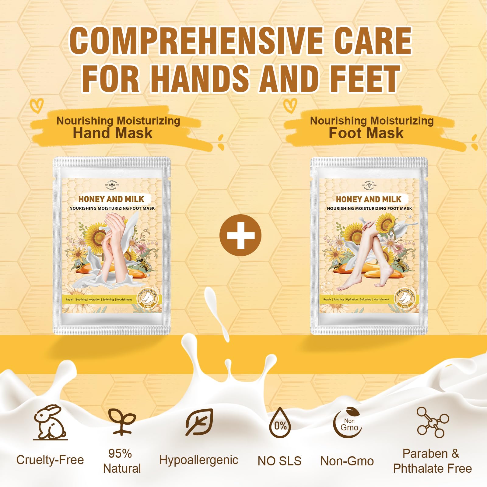 Hydrating Hand and Foot Mask, 3 Foot & 3 Hand Mask, Hand and Foot Care After Pedicure, Moisturizing Socks for Dry, Cracked Heel, Foot Spa, Honey & Milk, Vitamin E