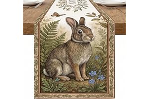 Rabbit Floral Table Runner, Vintage Nature Design with Ferns and Flowers for Spring Home Decor and Easter Gathering 13x72 Inc