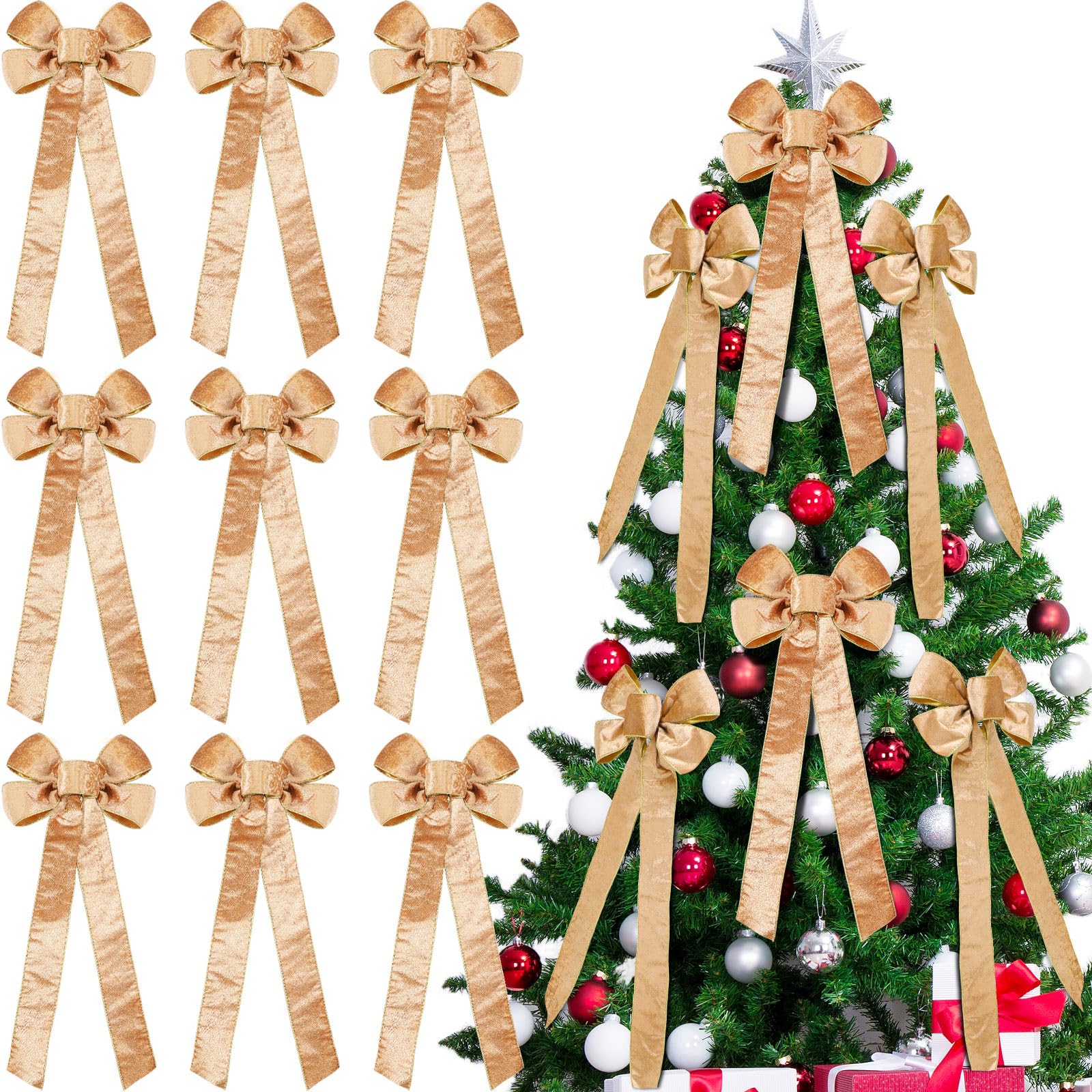 Photo 1 of 16 Pcs Large Velvet Christmas Bows 9 x 26 Inch Champagne Gold Christmas Tree Bows Xmas Tree Topper Velvet Ornament for Holiday Garland Front Door Wall Indoor Outdoor Home Party Decorations