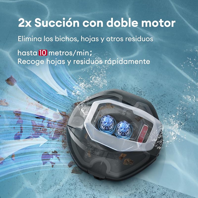 Robot Limpiafondos Piscina, 90Min, 80m², Recogida sin Poste, Estacionamiento Automático, Aspirador Piscina Fondos sin Cable con 2 Motores, 5200mAh, para Piscina Elevada y Enterrada
