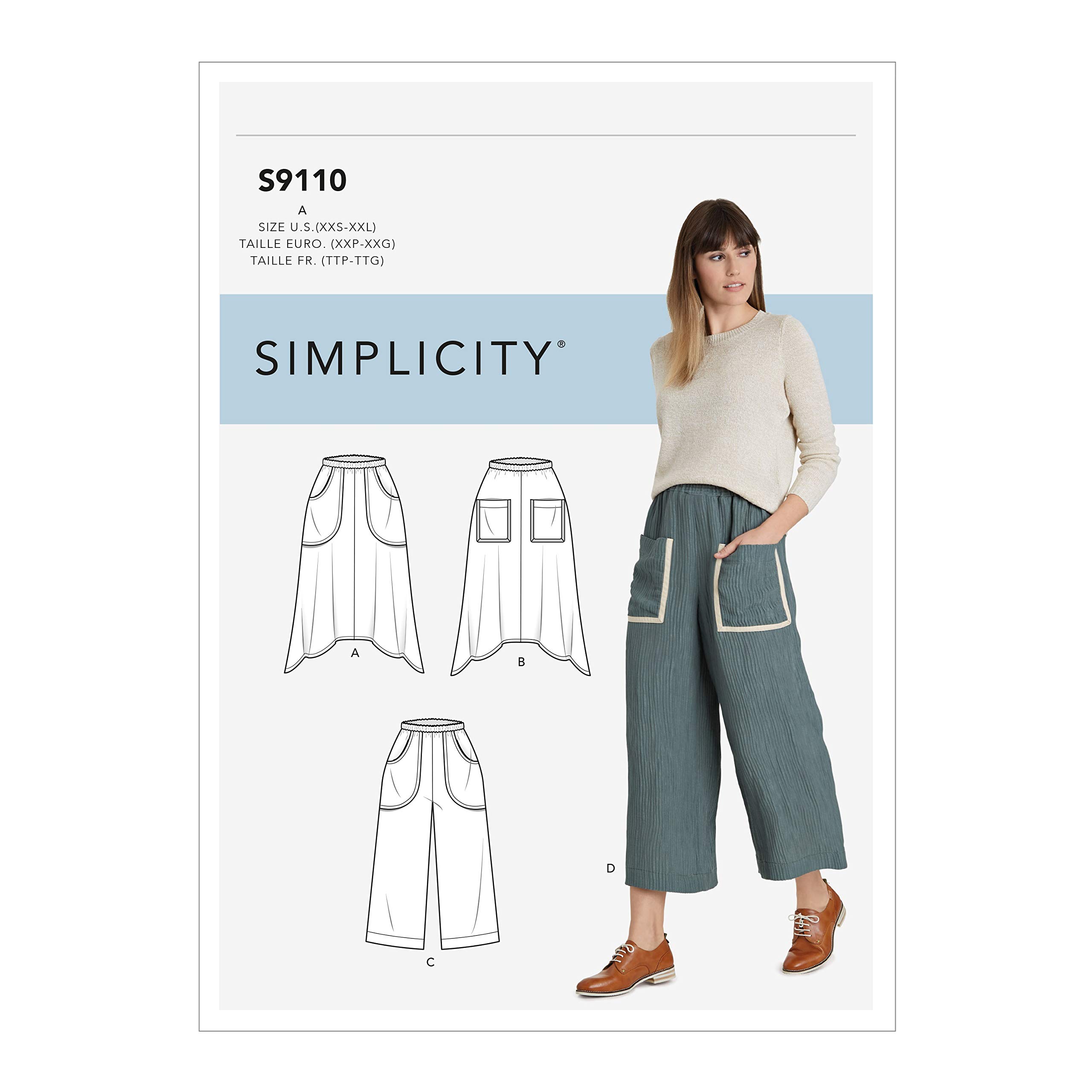 SIMPLICITY Sewing Pattern S9110 Misses' Pull On Skirts & Cropped Pants, Various, A (XXS-XS-S-M-L-XL-XXL)