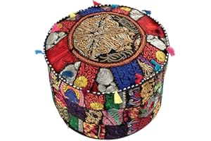 Aakriti Gallery Indian Pouf Footstool Ethnic Embroidered Pouf Cover, Indian Cotton Round Pouffe Ottoman Pouf Cover Pillow Ethnic Decor Art - Cover Only (Black, 22x14)