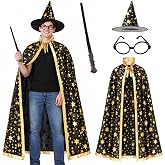 iGeeKid 4 Pack Halloween Wizard Costume Set for Adults, Include Witch Cloak, Wizard Hat, Wand and Round Glasses for Men Women