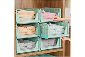 SNSLXH 5 Pack Stackable Closet Organizer Box, Multifunctional & Foldable Closet Storage Basket for Bathroom Kitchen Laundry Room Wardrobe Storage, Space-Saving Clothes Storage Drawer Organizer, Green