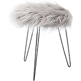BIRDROCK HOME Round Faux Fur Foot Stool Ottoman - Soft Compact Padded Vanity Seat with Silver Legs - Durable Wood Frame & Hair Pin Metal Legs - Ideal for Bedroom, Fluffy Makeup Vanity Seat - Grey