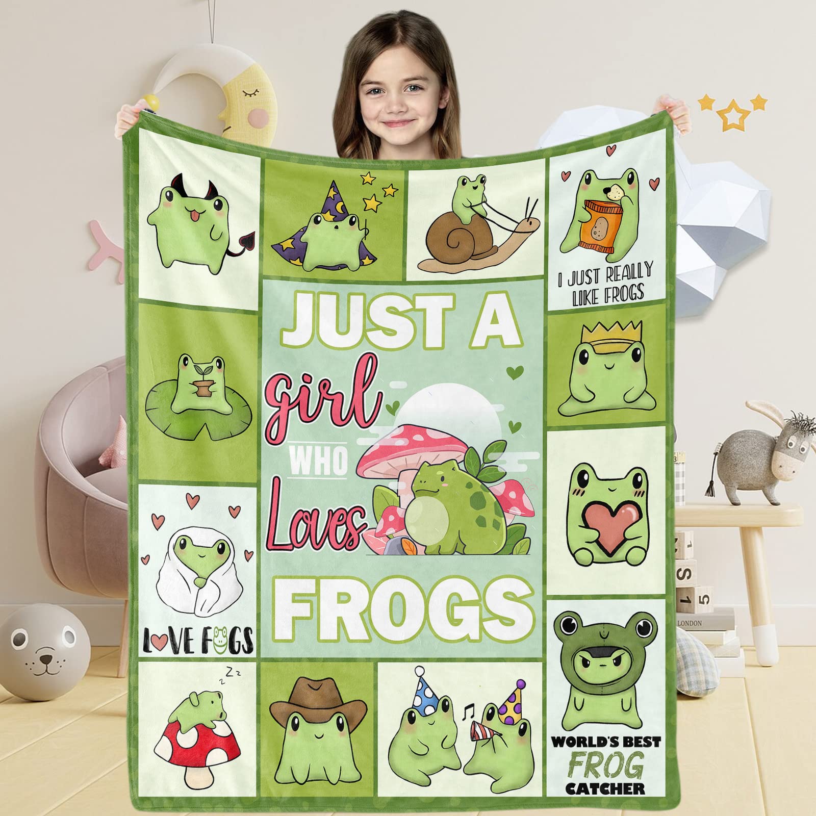 Just A Girl Who Loves Frogs Flannel Blanket, Soft Cozy Cute Frogs Throw Blanket for Baby Girls, 80 x 120 cm Green Fluffy Fleece Frogs Lover Plush Blanket for Newborn Toddler Gift Nursery Crib Supplies — image 1