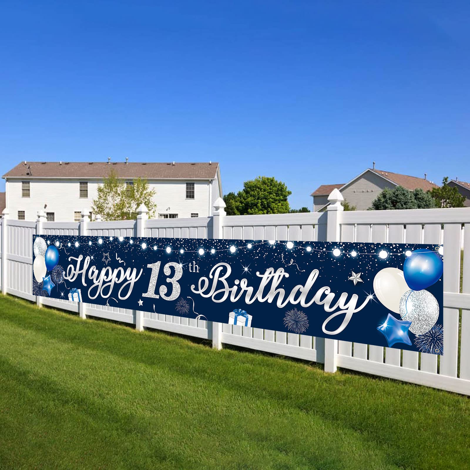 Happy Birthday Yard Banner Blue Silver Happy 13th Birthday Banners Boys Girls 210*40cm Thirteen Years Old Party Yard Sign Banner Fabric Thirteenth Anniversary Backdrop Background Decorations for Kids