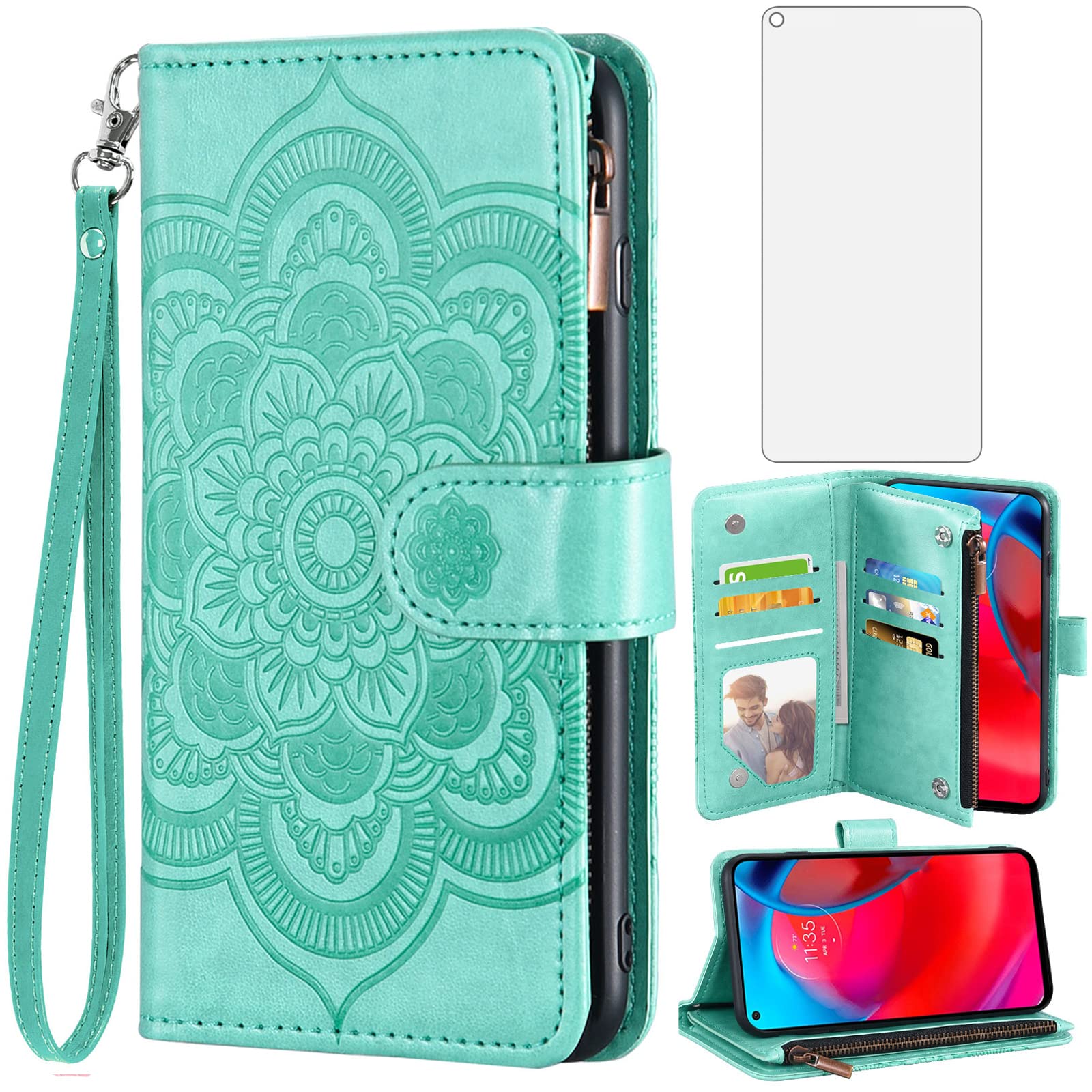 Photo 1 of Asuwish Compatible with Moto G Stylus 5G 2021 Wallet Case and Tempered Glass Screen Protector Flower Leather Flip Credit Card Holder Cell Phone Cover for Motorola GStylus G5 XT2131DL Women Men Green