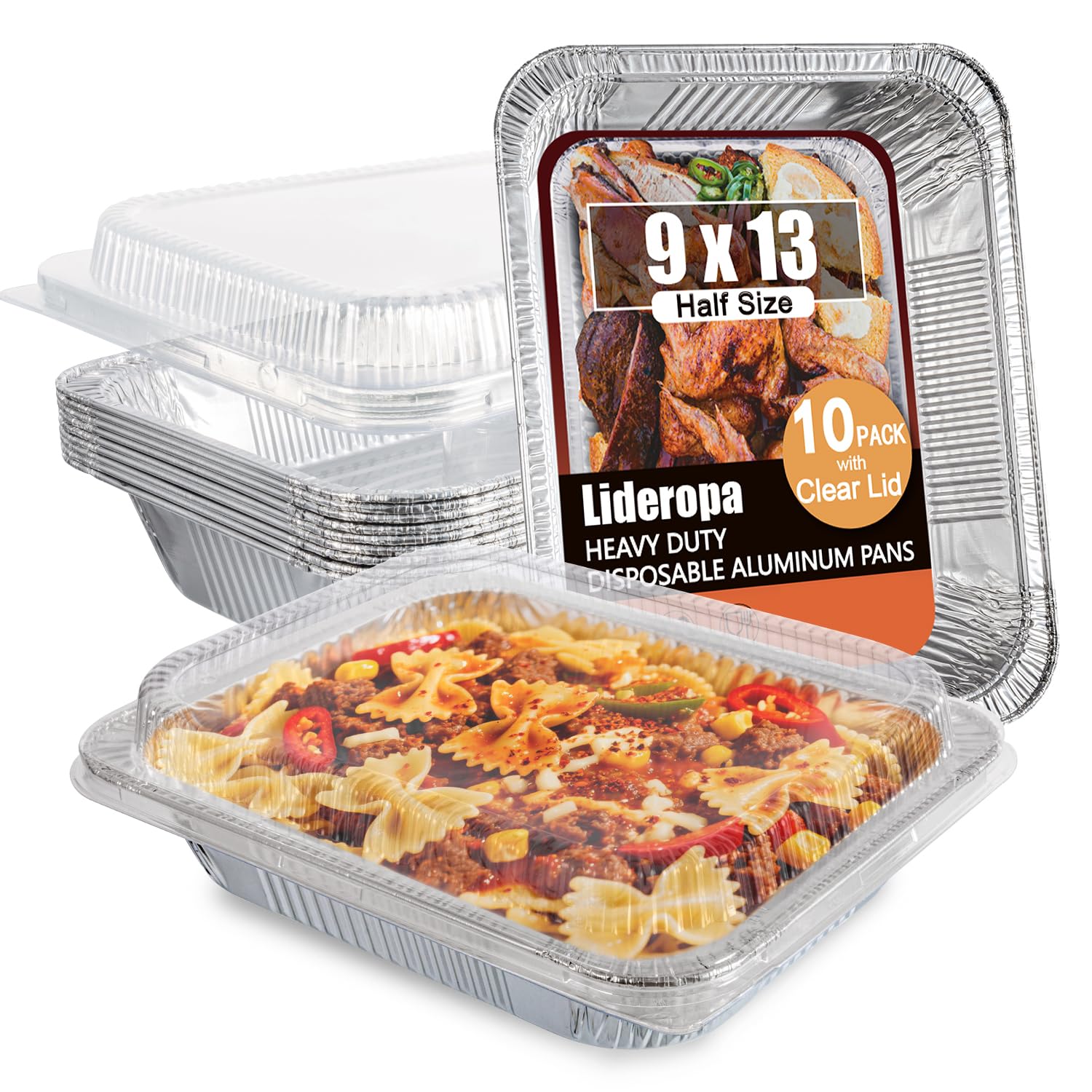 Photo 1 of Lideropa Aluminum Pans with Clear Lids 9x13-10 Pack Aluminum Foil Pans, Heavy Duty Disposable Pans for Cooking, Storing, Prepping, and Freezing Food