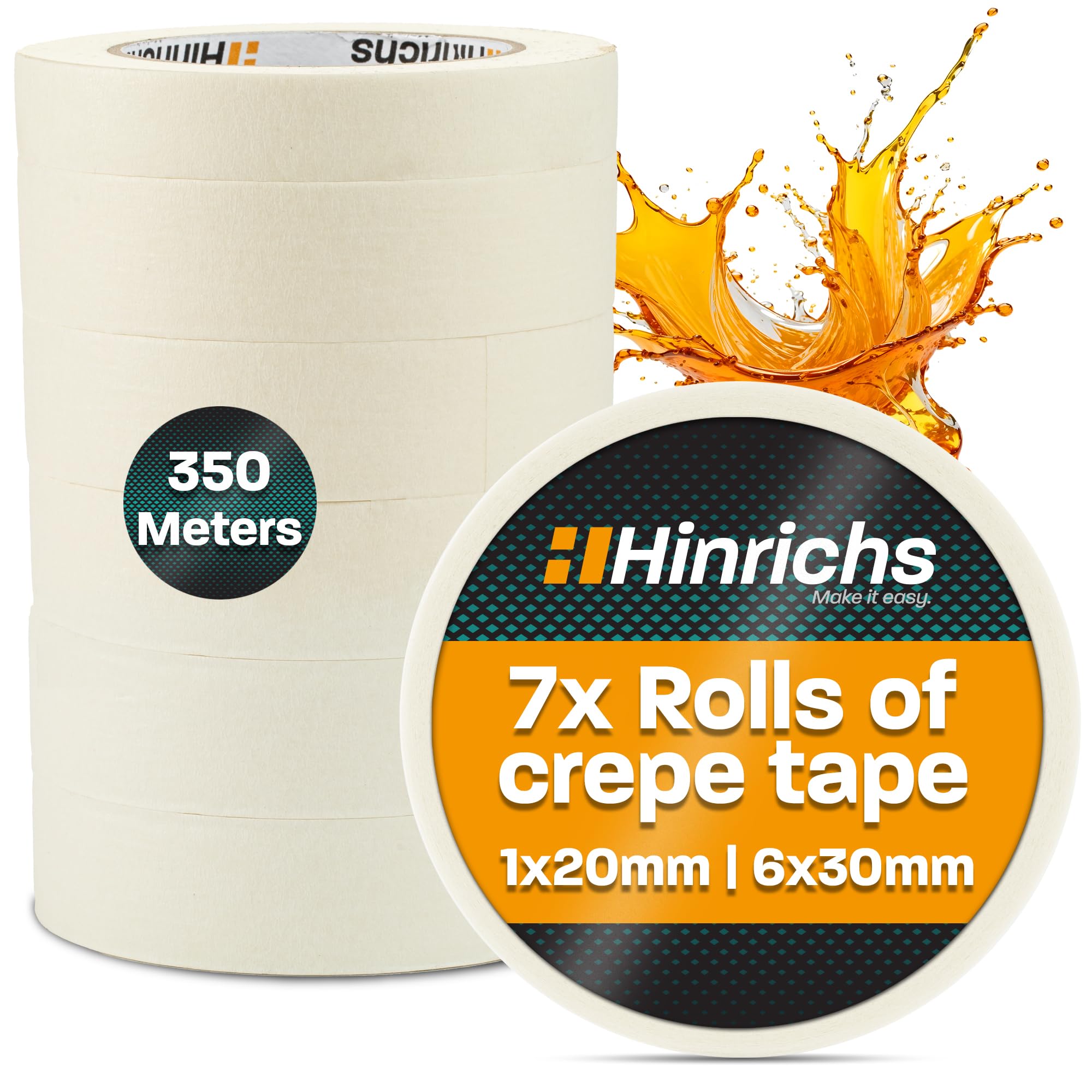 Hinrichs Masking Tape 7x - Painting Tape 6 Rolls 50m x 30mm + 1 Roll 50m x 20mm - Painter's Tape for Painting and Decorating - Masking Tape for Painting Work - Tape Renovation & Car (7 Rolls)