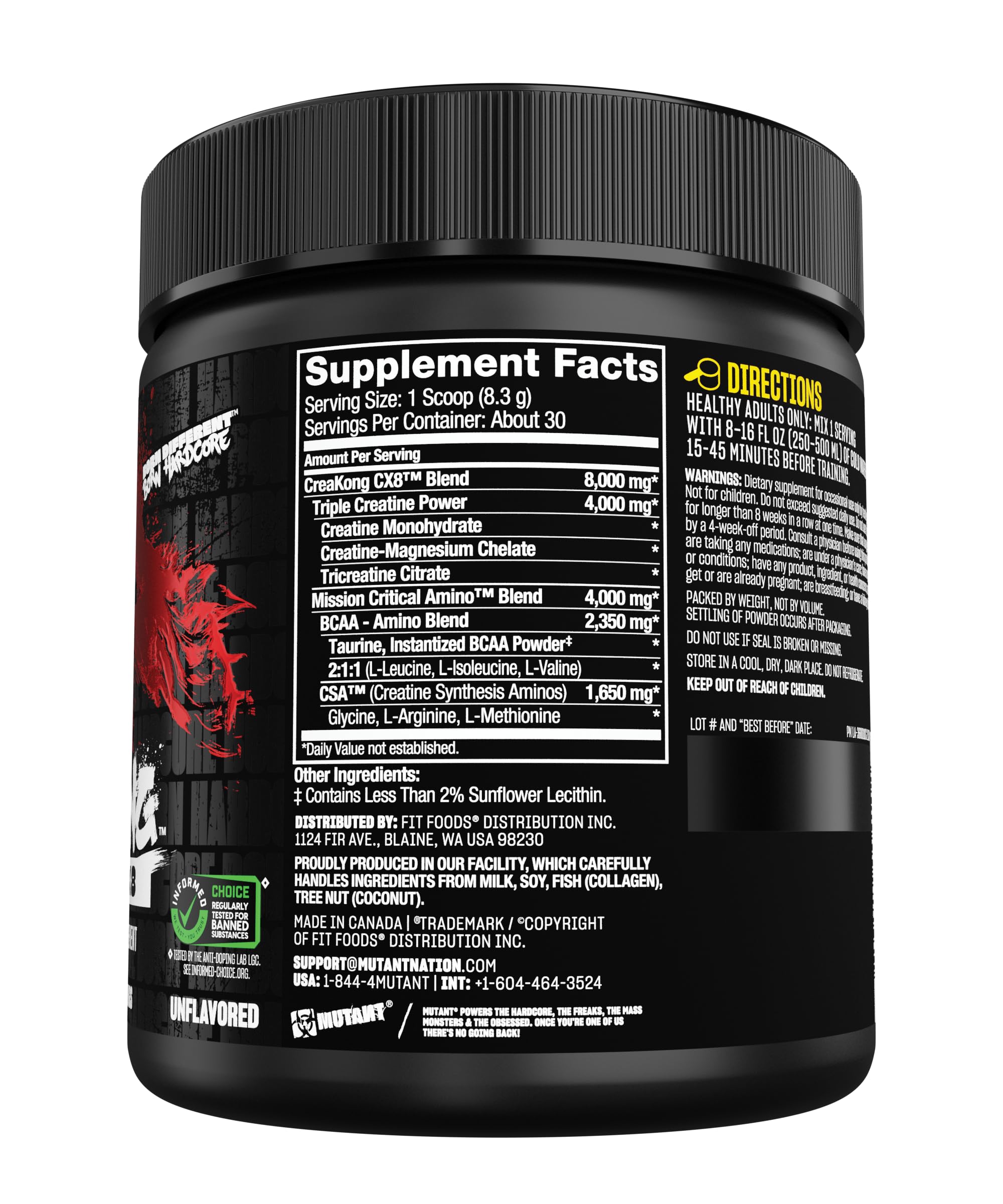 Mutant CREAKONG CX8 – Advanced Creatine + Amino Supplement with 4g Triple Creatine Blend, 4g Amino Blend (BCAAs & Taurine) for Muscle Growth & Performance – Unflavoured, 249g (30 Servings)