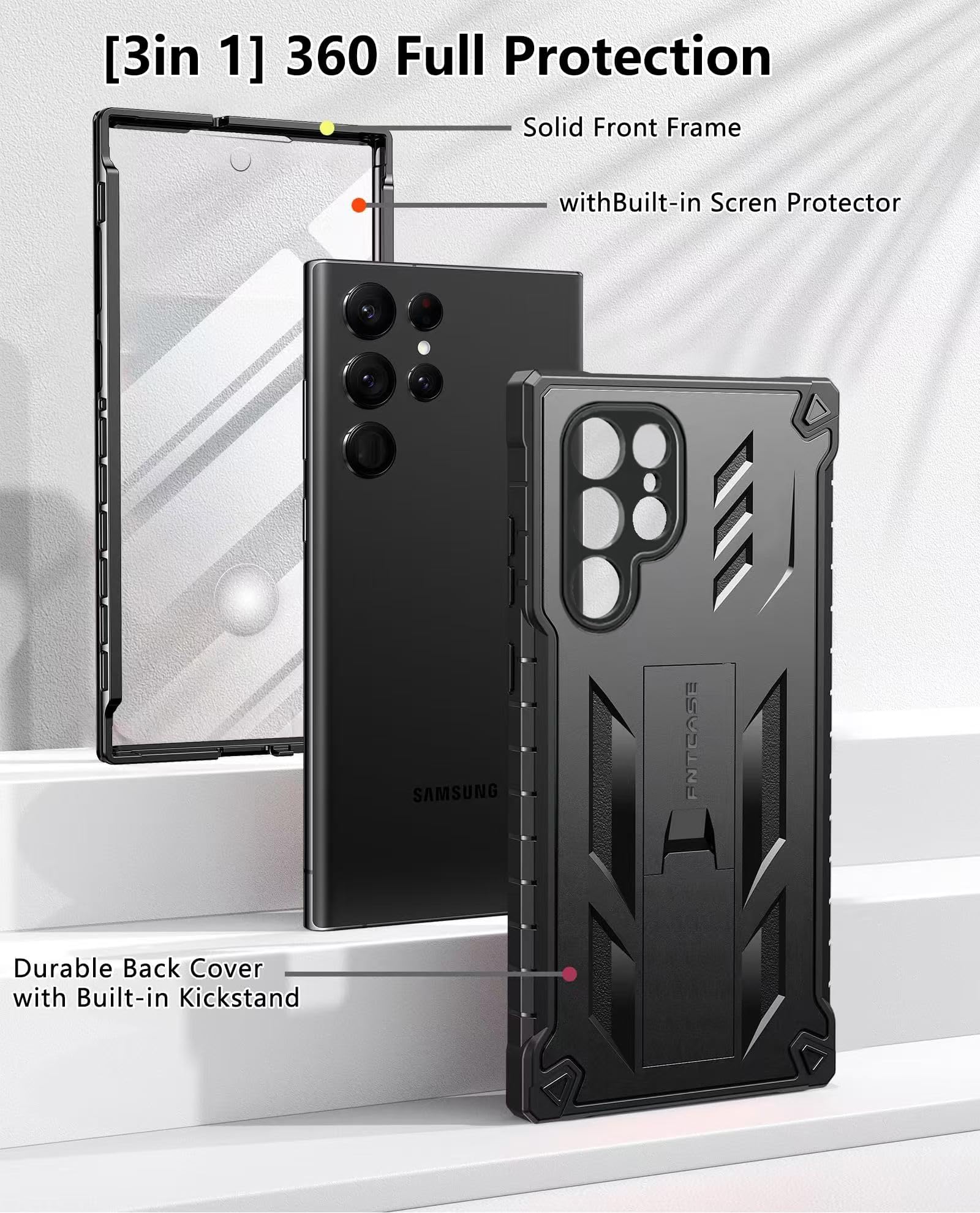 FNTCASE for Samsung Galaxy S22 Ultra Case: Built-in Screen Protector & Kickstand Full-Body Dual Layer Rugged Military Grade Shockproof Protection Heavy Duty Protective Phone Cover 5G-Black