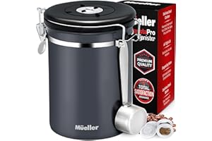 MUELLER HOME Mueller Coffee Canister Stainless Steel Container for Coffee Beans or Grounds, Tea, Sugar, Rice - Day and Month Tracker, Built-In Calendar Wheel - 21oz Capacity - Stainless Steel Spoon Included