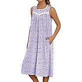 Bloggerlove Nightgowns for Women with Pockets Button Down Sleeveless House Dress Pleated Long Moomoo Nightgown Sleepwear