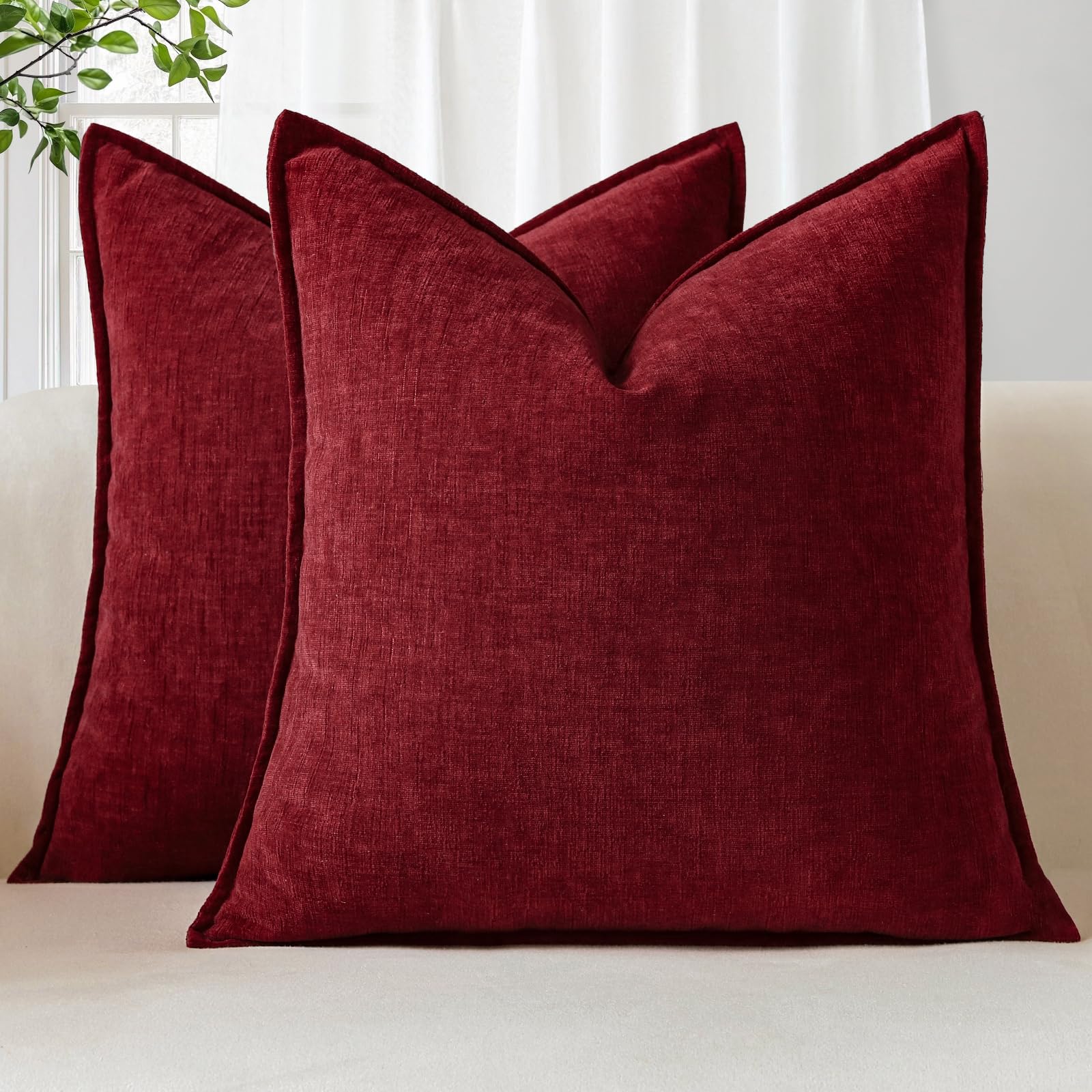 Sungeek Set of 2 Soft Chenille Cushion Covers 60x60cm Square Decorative Throw Pillow Covers with Stitched Edge Solid Dyed Pillow Cases Covers for Home Decor Couch Sofa Bed Living Room, Dark Red