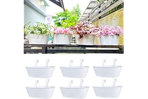 LÁLÁGREEN LaLaGreen Outdoor Plants Rail Planter (15 Inch, 6 Pack) White Metal Iron Hanging Flower Pot Deck Railing Fence Bucket Modern Boho Style Wall Mount Window Box Plant Holder Hooks Porch Herb Garden Decor